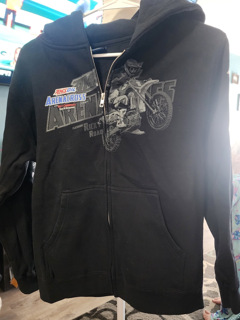 Black Zip-Up Hoodie with Motocross Graphic Youth Sz Med